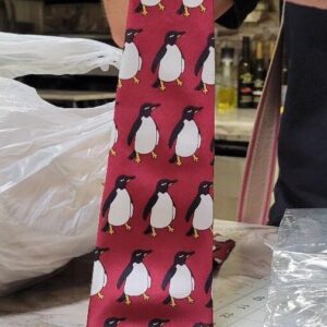 Ian Heath Red Silk Tie with Penguin Pattern Blue Painter Penguin NEW