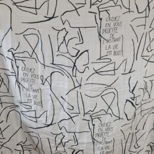 White Cotton Fabric with Black Abstract Line Art and French Text 50" x 54"