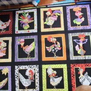 Loralie Chicken Chique Fabric 24" X44" Panel Black Farm Cotton Loralie Designs