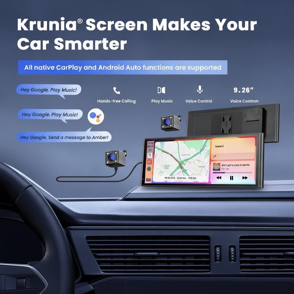 Krunia 9.26" Wireless Portable Car Play Screen- Apple CarPlay, Android Open Box