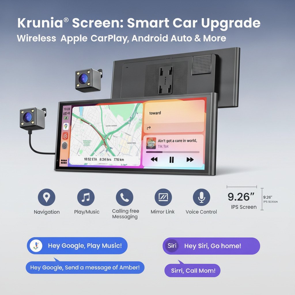 Krunia 9.26" Wireless Portable Car Play Screen- Apple CarPlay, Android Open Box - Image 2